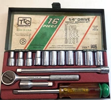 Vintage Thorsen 1/4”Drive 16pc Ratchet and Socket Set No. 1416 USA