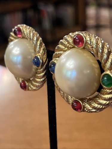 Vintage Giovanni riesige Perle Cabochon blau grün rot Gripoix Clip auf Ohrringe GIO - Bild 6 von 24