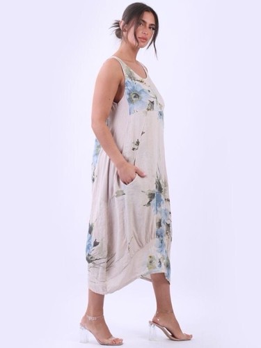 Italienisches geblümtes Lagenlook langes Boho-Leinenkleid mit Tasche - 38" BRUSTUMFANG 10-12-14 - Bild 2 von 3