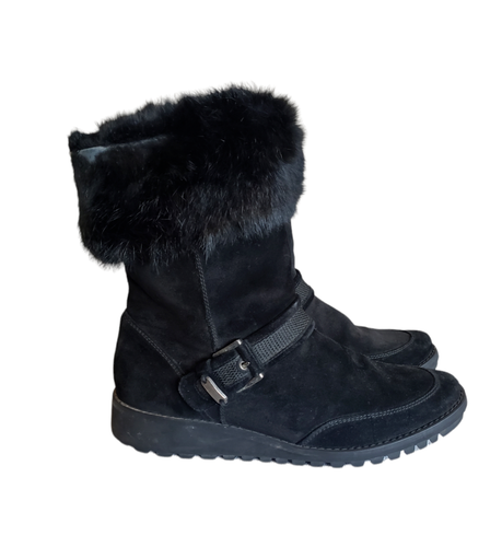 Stuart Weitzman Black Suede Winter Boots Rabbit Fur Trim Buckle Women's Sz 8.5 M - Picture 5 of 12
