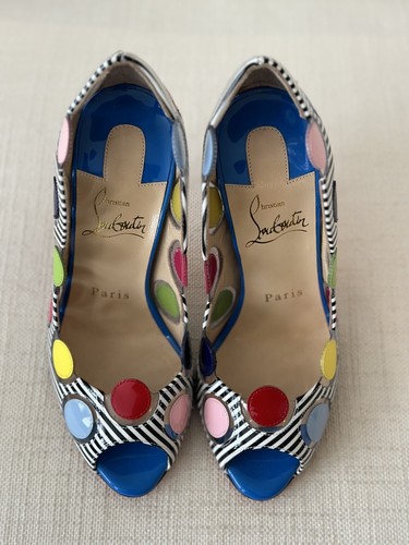 Christian Louboutin Negro Blanco a Rayas y Tacones de Puntos Multicolores Talla 35 NUEVOS - Imagen 6 de 15