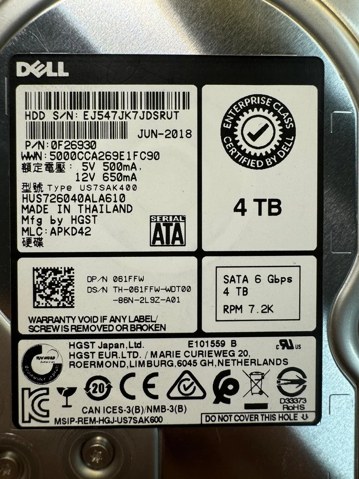 DELL 61FFW HUS726040ALA610 0F26930 4TB 7.2K RPM 128MB 6 Gb/s SATA 3.5" HDD - Image 2 of 4