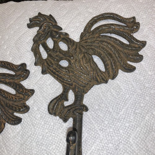 2 New Cast Iron Rooster Chicken Kitchen Wall Hanging Hooks Hangers Hook Metal - Picture 3 of 12