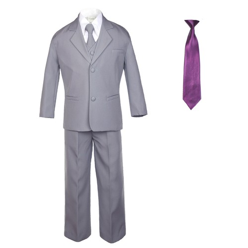 6pc Baby Toddler Boy Teen Formal Party Medium Gray Suit w/Satin Necktie M-20 - Picture 9 of 25