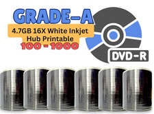 100 - 600 Grade "A" DVD-R 4.7GB 16X White Inkjet Hub Printable DVD-R - Tape Wrap