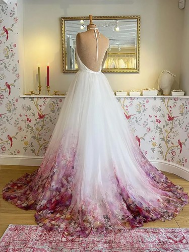Print Flower Wedding Dresses Sweetheart Bridal Gowns For Bride Robe Beach Sweep - Picture 7 of 15