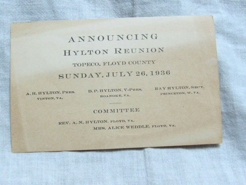 1936 Hylton Reunion Topeco Virginia Card 1865 Historical Place See Listing - Picture 1 of 6