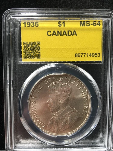 1936  Coin Mart (CMG) Graded Canadian Silver Dollar **MS-64** #953