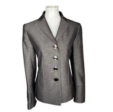 LE SUIT Women Gray Charcoal Metallic Polyester Peak Collar Blazer Suit Size 10