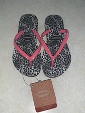 HAVAIANAS Flip Flops Girl s SLIM Leopard Animal Print Black Pink 11/12C New