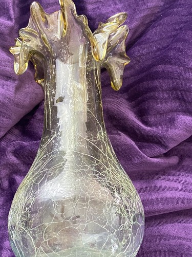 Vintage Crackle Blown Glass Vase Gold Tones - Picture 3 of 12
