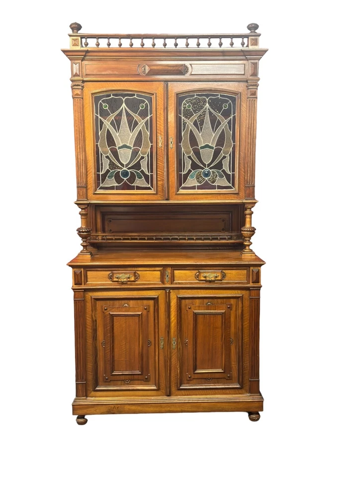 Antiguo armario victoriano de nogal retroceso vitral francés 1870 Foto 4 de 4