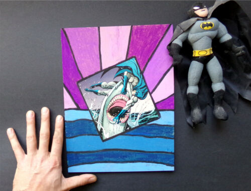 Collage clip clip dessin d'art original et bande dessinée Batman + Shark, 1/1 signé unique - Photo 3 sur 4