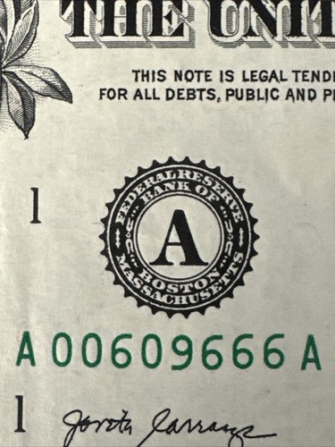TRINARY, FLIPPER & TRIPLE 6 in $1 Dollar Bill, UNIQUE SERIAL NUMBER A 00609666 A - Picture 3 of 12