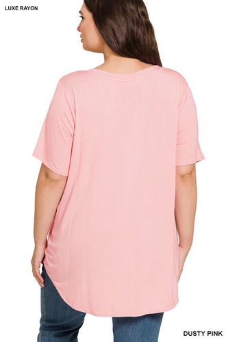 1X 2X 3X Luxe Rayon V Neck Short Sleeve Top Hi-Low Rounded Hem Loose Fit T Shirt - Picture 26 of 70