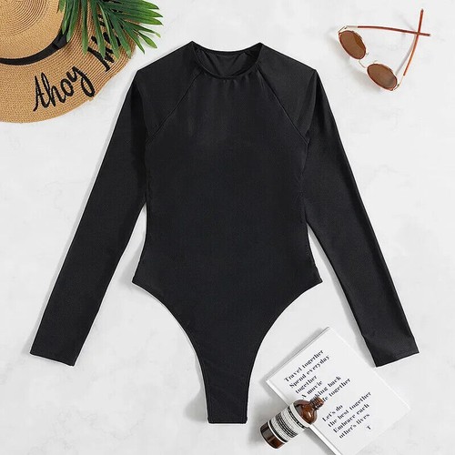 Sexy Rhinestone Thong One Piece Swimsuit Women Long Sleeve Bathing Suit Swimwear - Picture 2 of 31