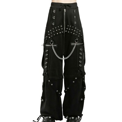Puritues Ladies Fashion Gothic Dark Cuff Black Trouser Chain Pants