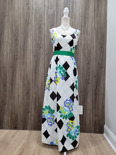 VTG 1960s Polyester Psychedelic Floral Sleeveless Nylon Maxi Dress Hostess Dress - Picture 3 of 11