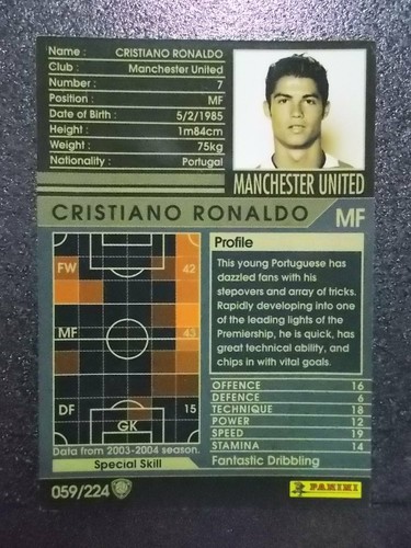 English Version	Panini WCCF	2004	059	Cristiano	RONALDO	Manchester United		Rookie - Picture 1 of 2