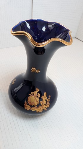 Limoges Vase Kobaltblau 22k Gold bemalt breiter gekräuselter Rand 7" Castel Frankreich - Bild 6 von 13