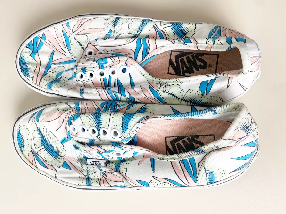 Vans Tropical Hawaiian Floral Men 6.5 Wmn 8 Slip On Style Blue Pink Shoes GUC