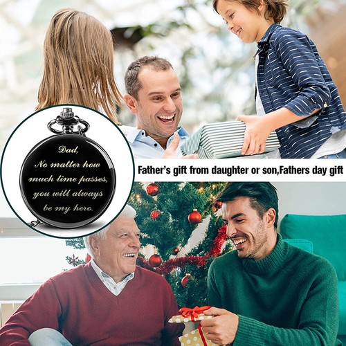 Engraved Pocket Watch with Chain Gifts for Daddy Papa Grandpa Husband Men Him, - Picture 7 of 7