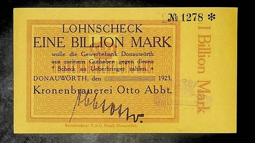 1923 Germany KRONENBRAUEREI  1 Trillion / 1.000.000.000.000 Mark Banknote UNC - Foto 1 di 2