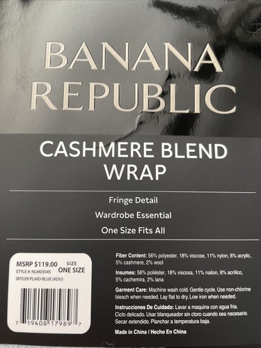 Banana Republic Wrap Kimono Blanket Soft Cashmere Blend Plaid Blue Fringe New - Picture 4 of 6