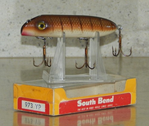 Vintage South Bend Bass-Oreno 973 YP Wood Perch Fishing Lure Original Box