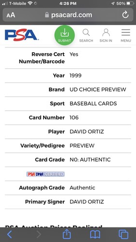 David Ortiz Auto 1999 UD Choice Preview Card. PSA Authentic Auto Red Sox ,Twins - Picture 4 of 7