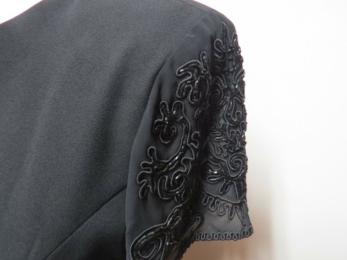 Donna Morgan VTG Black Embellished Fitted Lined Cocktail Dress Short Sleeve Sz 4 - Picture 5 of 10