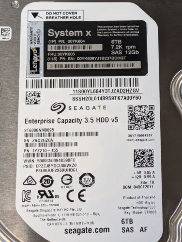 Lenovo 6TB 00YK604 7.2K RPM 3.5" SAS 12Gb/s Server HDD ST6000NM0095 - Picture 2 of 3