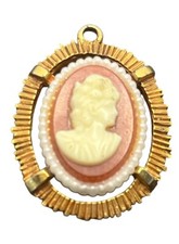 Cameo gold tone vintage pendant for necklace faux pearl resin