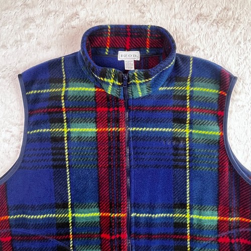 Vintage Izod Fleece Vest Men’s LARGE Tartan Plaid Full Zip Blue Red Yellow USA - Picture 2 of 9