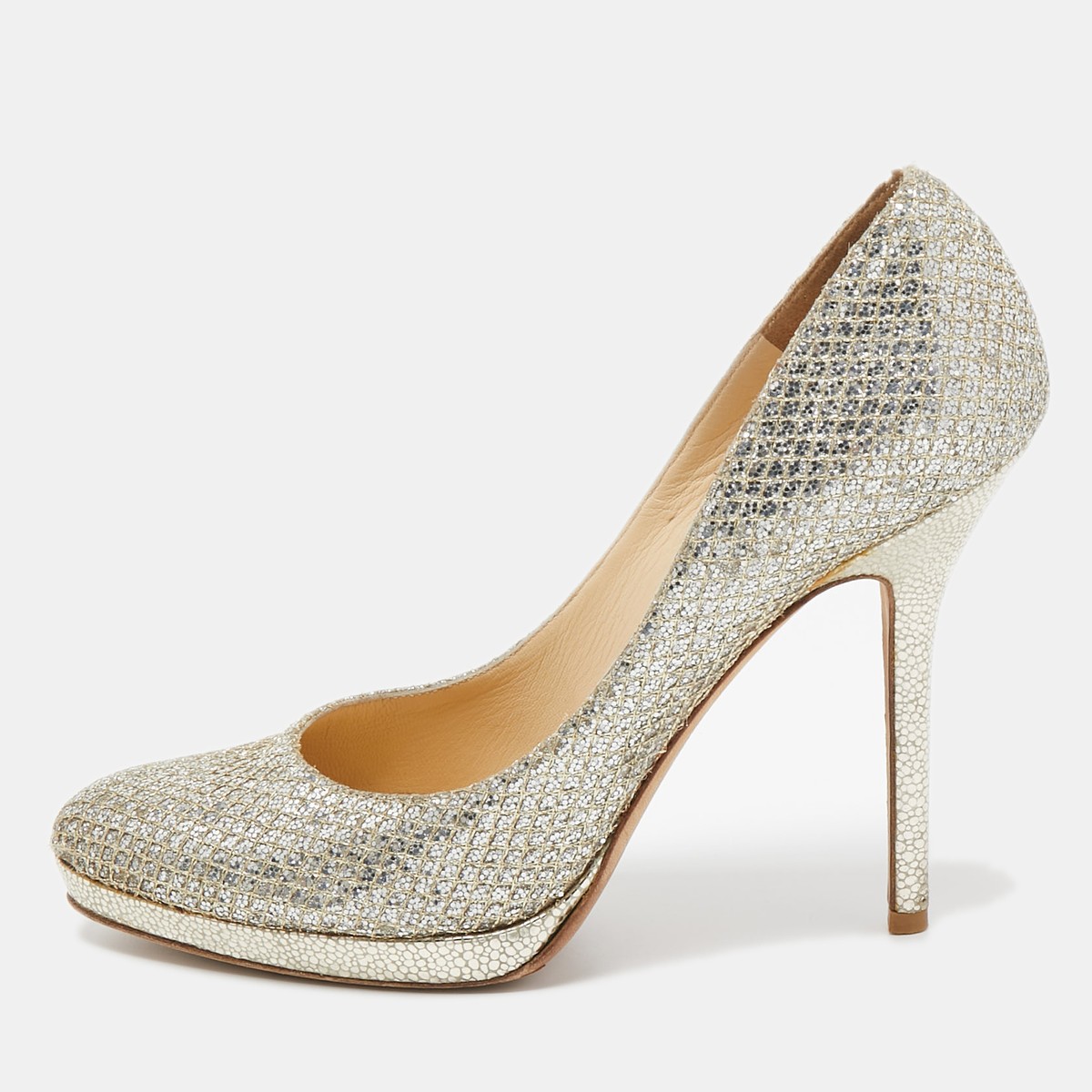 パンプス JIMMY CHOO AURORA65 GLITTER FABRIC PUMPS Jimmy Choo Silver/Gold Glitter Fabric Platform Pumps Size