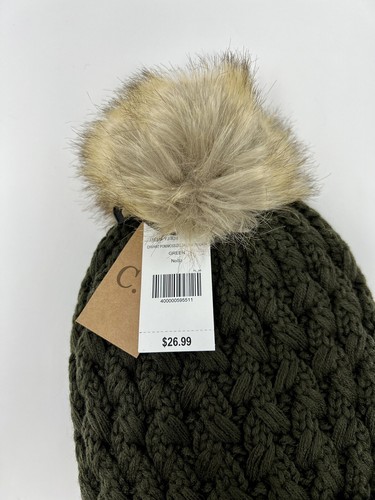 C.C Moss Green Fuzzy Lining Inside Knit Winter Warm Pull On Hat Fur Pompom - NWT - Picture 3 of 10