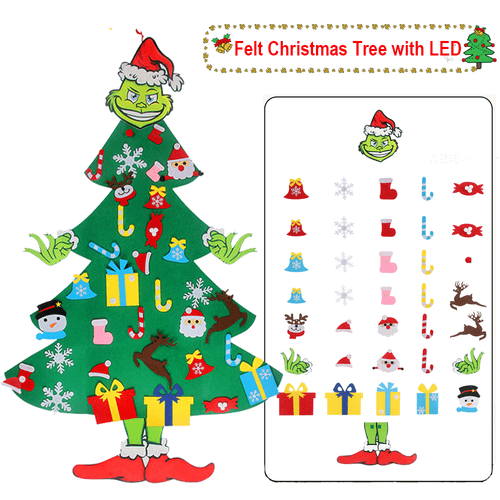 4.5ft Grinch DIY Felt Christmas Tree Set 37pcs Detachable Ornaments Wall Hanging