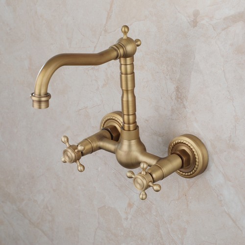 Grifo mezclador de 2 manijas cruzadas para lavabo de baño de latón antiguo montado en la pared - Imagen 3 de 13