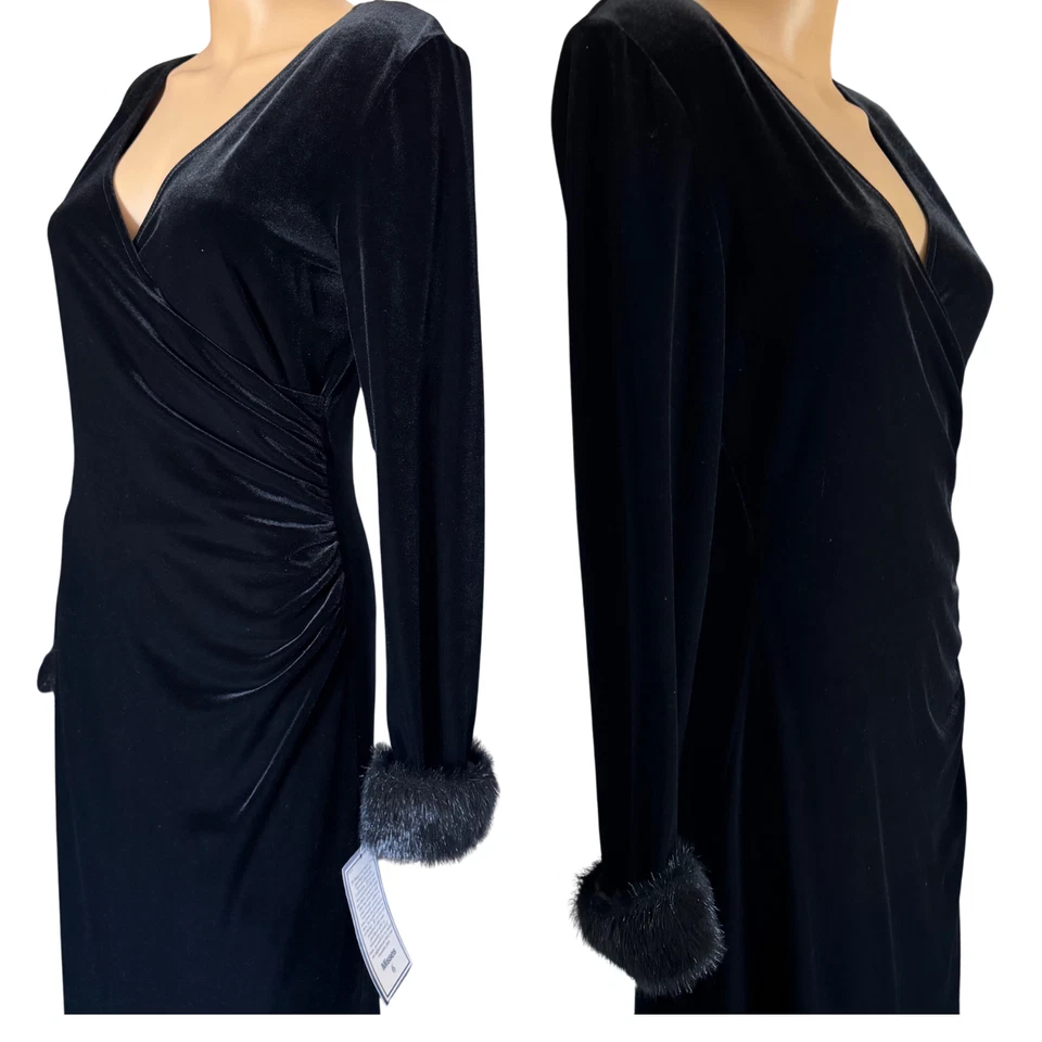 Evening Chic Long Dress Womens Velvet Faux Fur Cuffs Size 6 Black USA Fairy Goth - Image 4 of 4