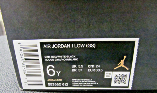MAI INDOSSATE NIKE AIR JORDAN 1 LOW (GS) 6 YOUTH GYM ROSSE BIANCHE NERE con SCATOLA ORIGINALE - Foto 3 di 7