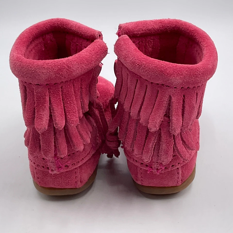 Minnetonka Bebé Niña Talla 1 Doble Fleco Mocasines Zapatos Rosa Caliente Suela de Goma Foto 3 de 4