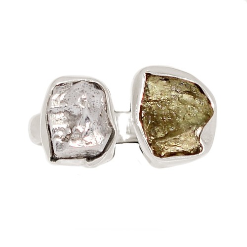 Natural Genuine Czech Moldavite & Meteorite 925 Silver Ring s.5 CR75129