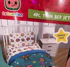 Cocomelon Twin 4 Pc Bedding Comforter Sheets Pillowcase & Bonus Tote NEW