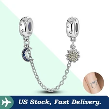 KUNSIR 925 Sterling Silver Star Moon Safety Chain Charm For Bracelet Clip Charm