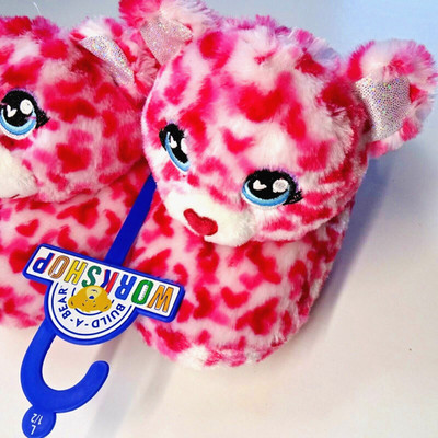Pink Red Teddy Bear Plush Slippers Size 1-2 Kids Large Build a Bear Workshop New