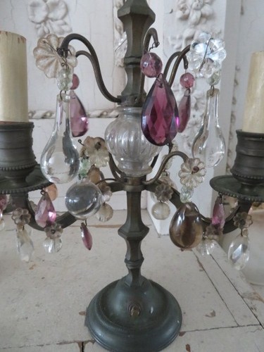 OMG PAIR Old Vintage GIRANDOLES CANDLEHOLDERS Candle Stands Purple Pink Crystals - Picture 8 of 11