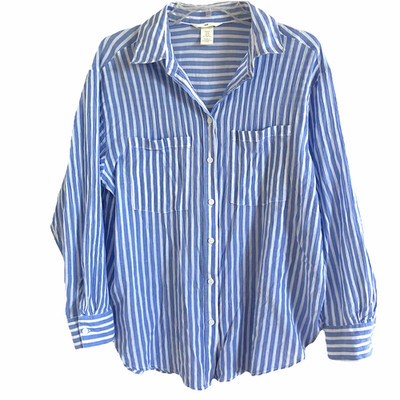 H&M size M Blue White Loose Fit Button down Long Sleeve Blouse Shirt Top
