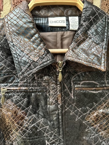 Chicos Patchwork Weste Damen M Kunstleder gesteppt Taschen Edgy Moto Grunge - Bild 2 von 5