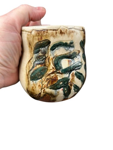 Teiera e tazza giapponese Oribe ware forma libera ceramica incisa firmata artista - Foto 11 di 21