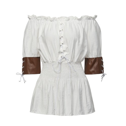 Women Renaissance Shirt with Off Shoulder Smocked Waist Pirate Shirt Peplum Tops
